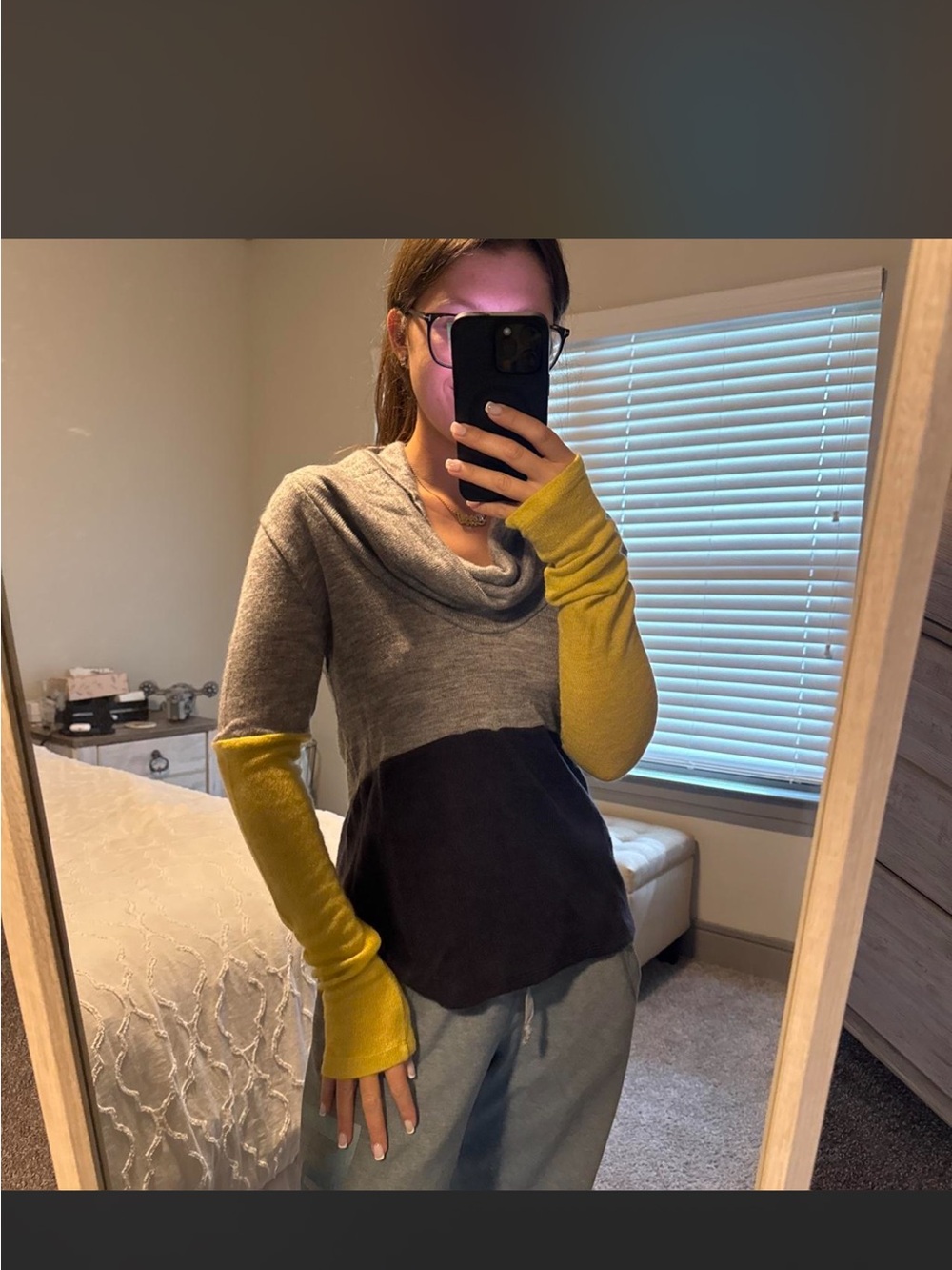 Colorblock Cowl Neck Women's Sweater in Gray, Navy Blue &  Mustard